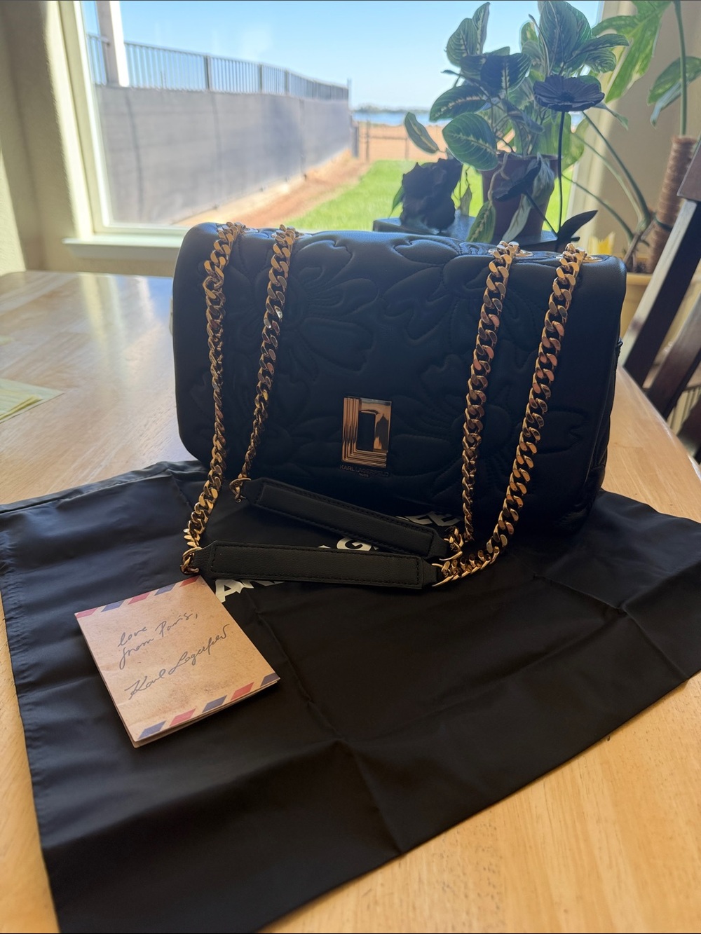 Karl Lagerfeld Black Quilted Shoulder Bag with Gold Chain